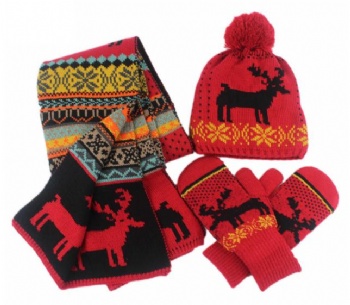 wholesale oem acrylic knitted christmas hat & glove & scarf set